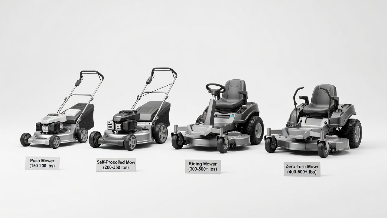 Four lawn mower types displayed with weight ranges labeled beneath each model