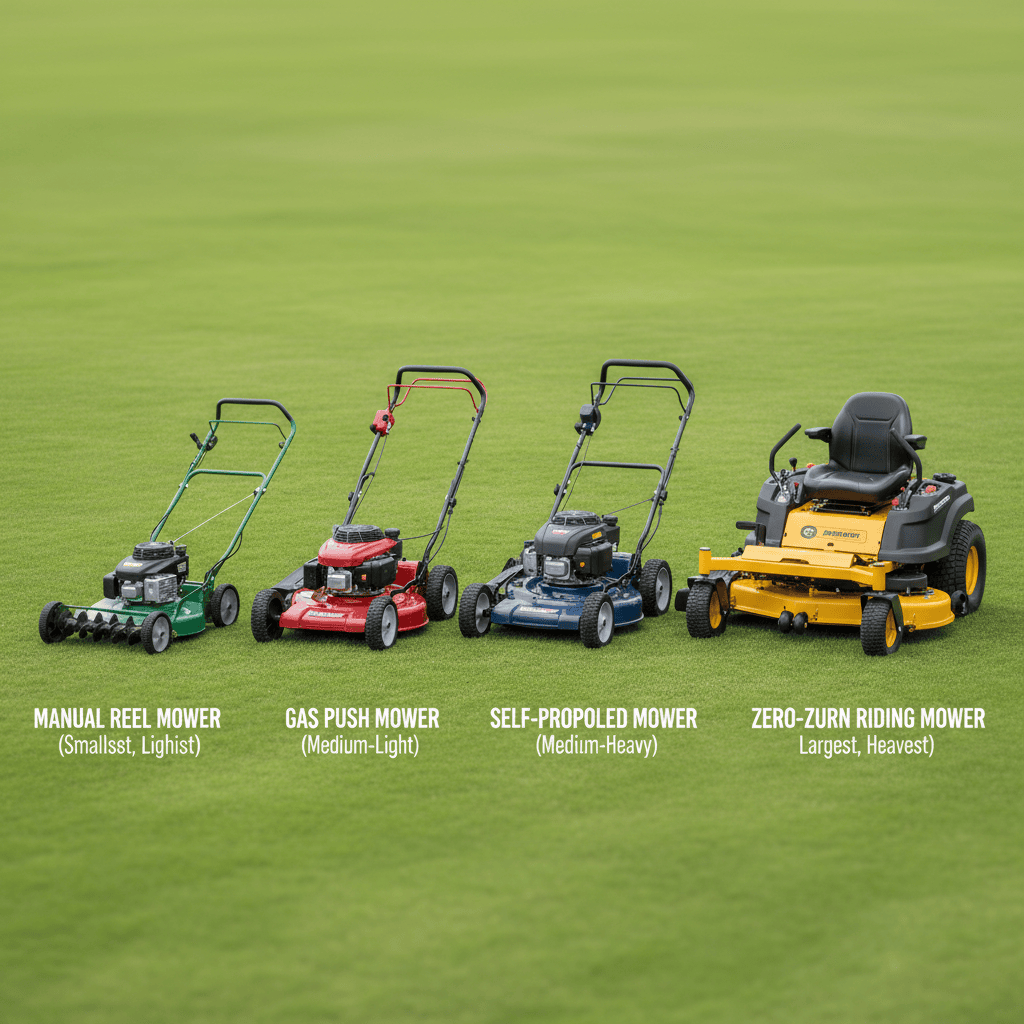 Four lawn mower types arranged by increasing size and weight
