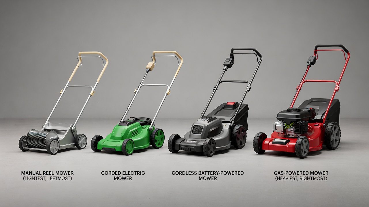 Four push mowers arranged by type from lightest to heaviest, showing visual size progression