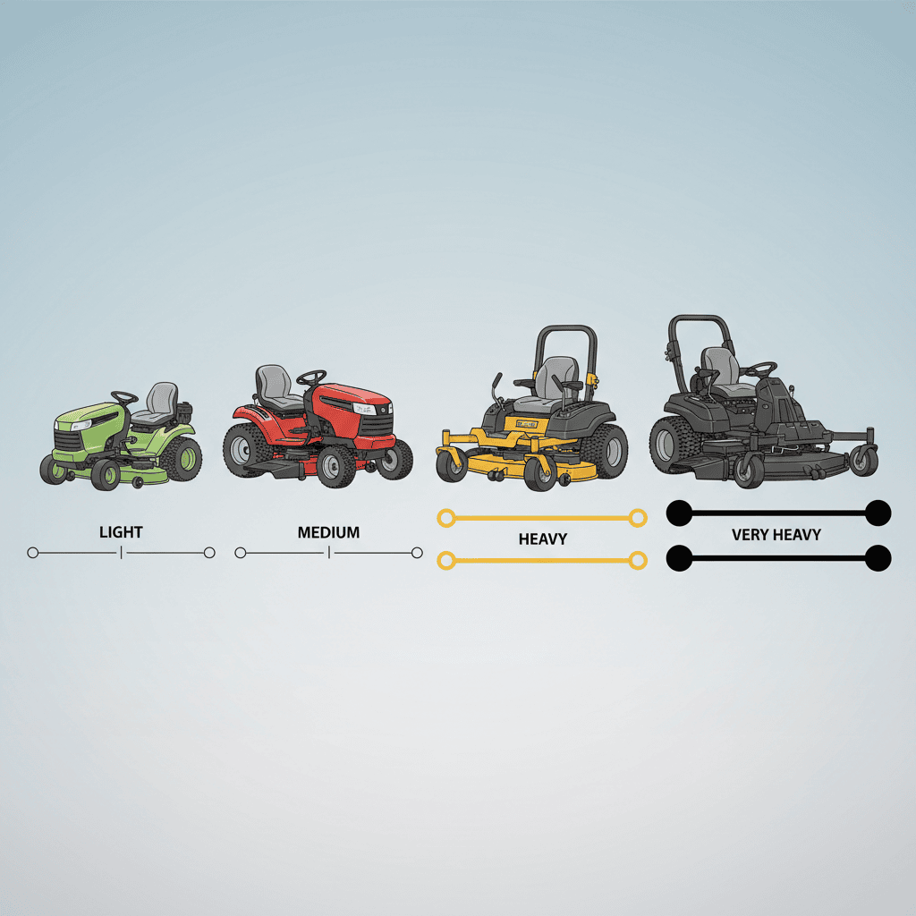 Illustration comparing four types of ride-on mowers by size and implied weight.
