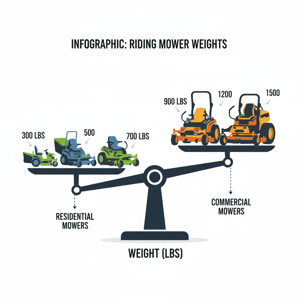 Typical Weight Range for Riding Lawn Mowers Weight scale showing riding mower silhouettes positioned by their typical weights