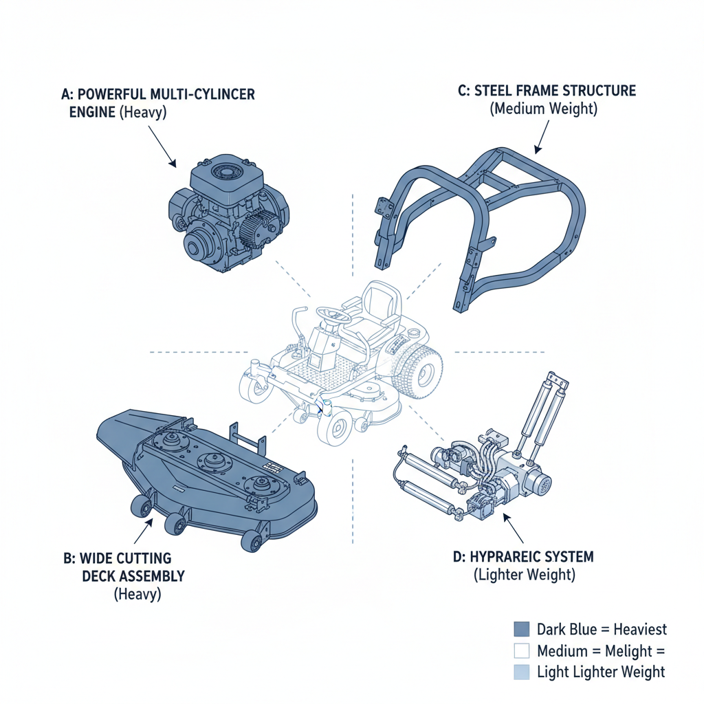 Exploded view diagram of riding mower components showing engine, deck, frame, and hydraulic systems