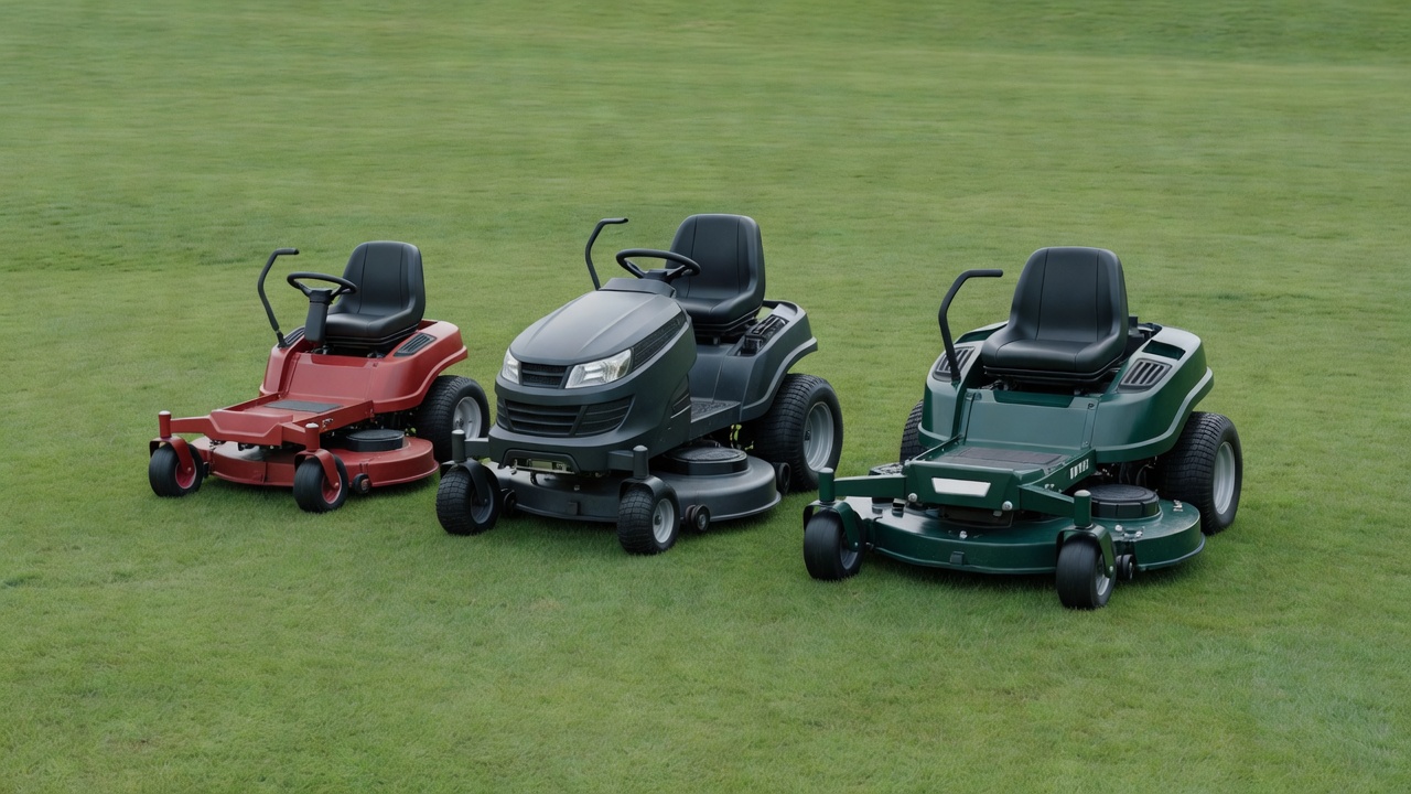 Three different riding mowers parked side by side on a lawn