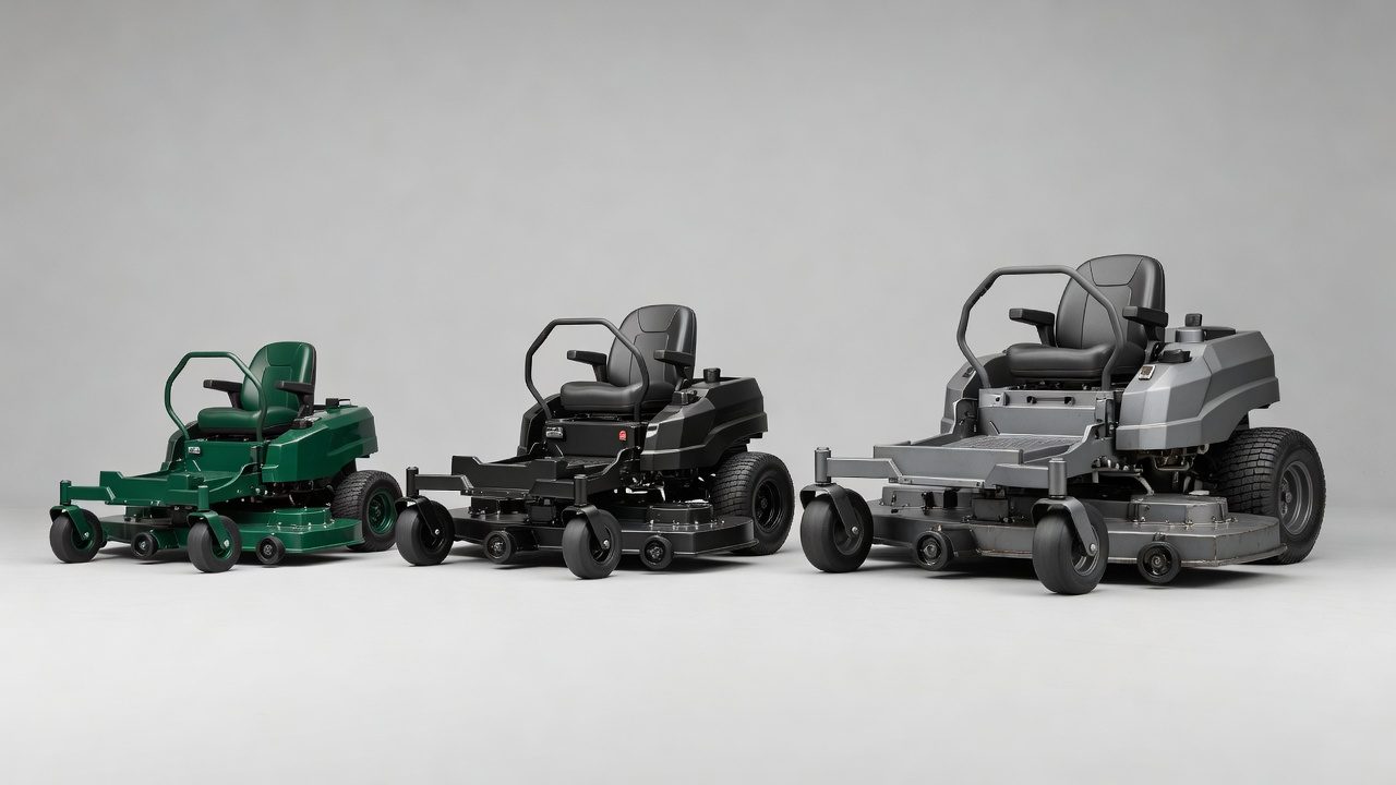 Three zero-turn mowers in ascending size order showing residential, mid-range, and commercial models