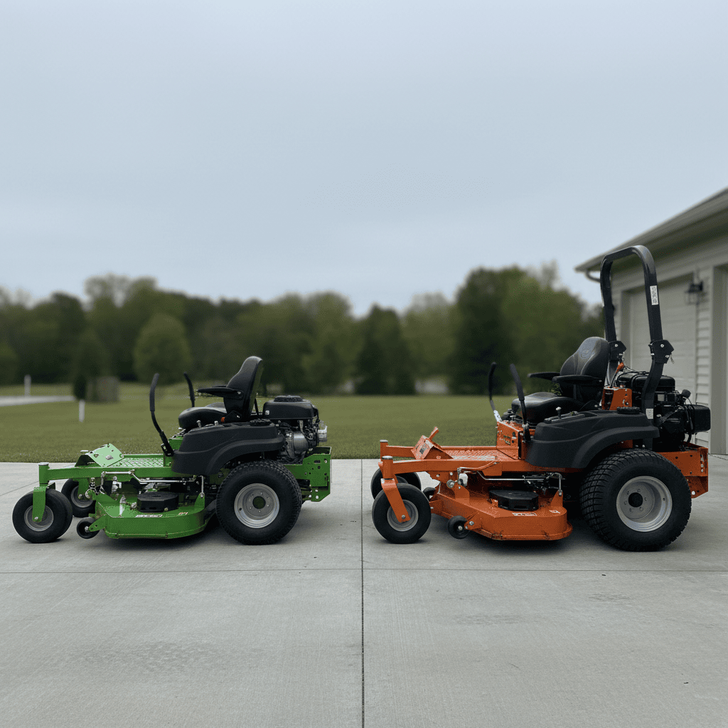 Compact residential and large commercial zero turn mowers side by side
