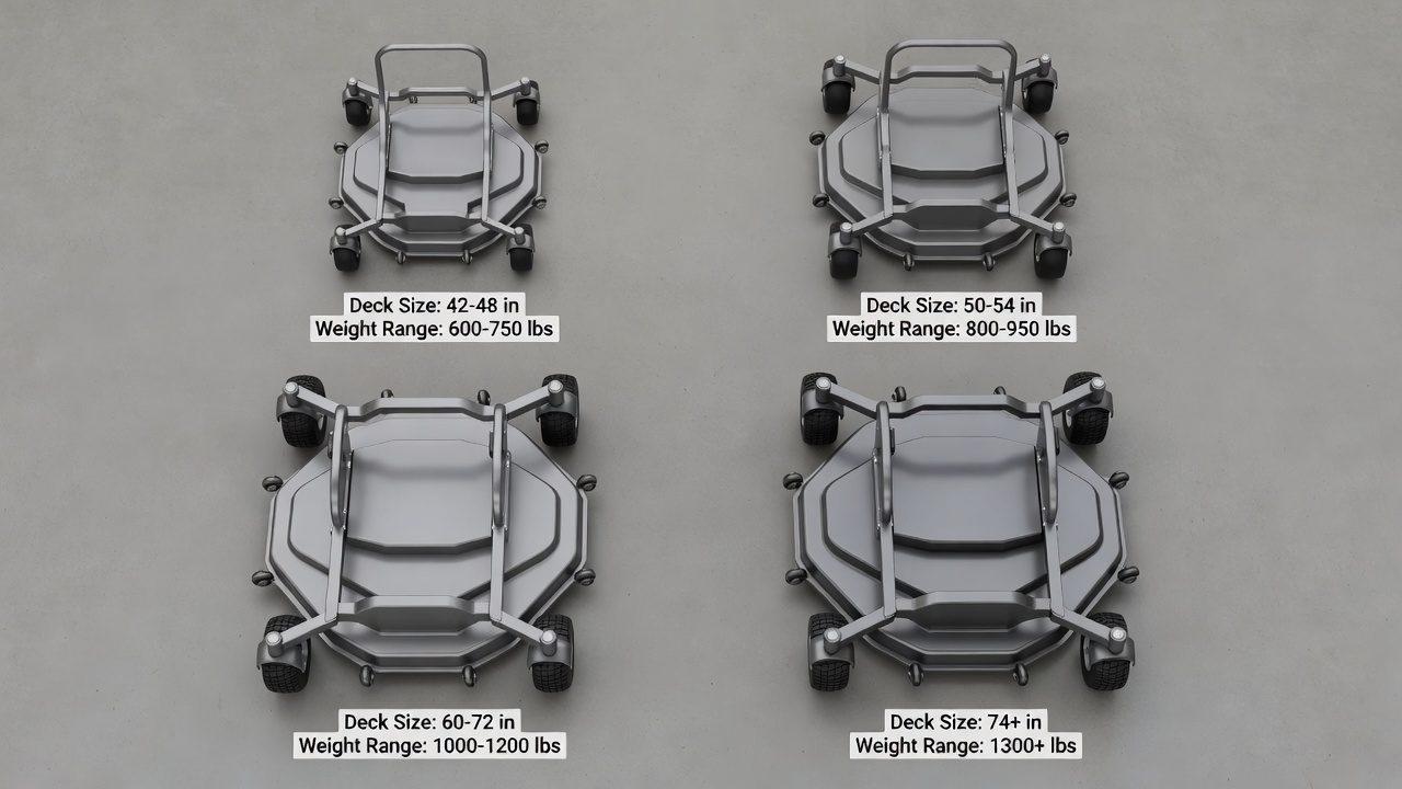 Overhead view of four zero-turn mowers showing relative size differences and proportional weight increase from compact to commercial models