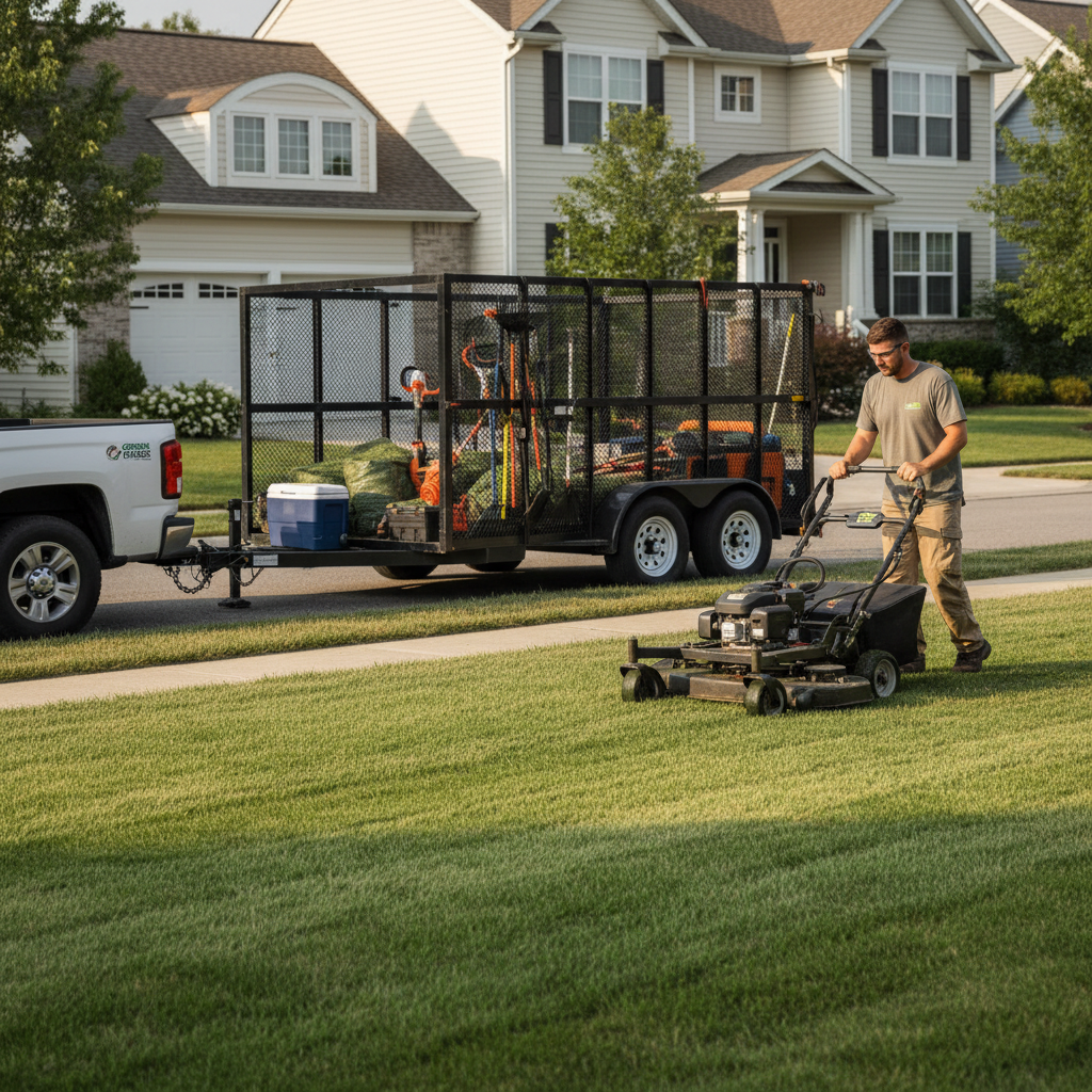 How Much Does Mowing Lawns Pay: Real-World Compared (2026) Lawn care employee mowing grass during landscaping work