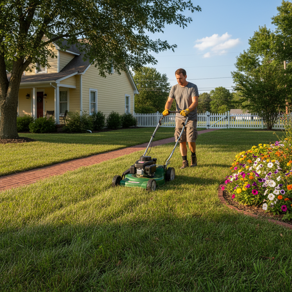 Person pushing a walk-behind mower around obstacles in a compact backyard
