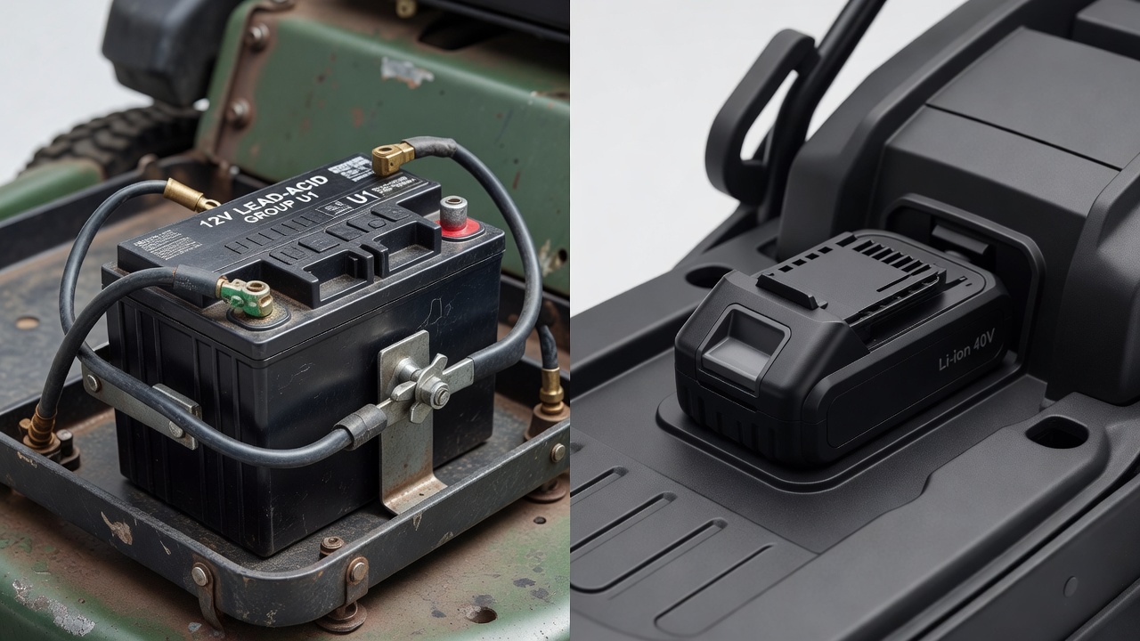 Lead-acid battery installed in a riding mower tray next to a lithium-ion pack seated in a cordless push mower