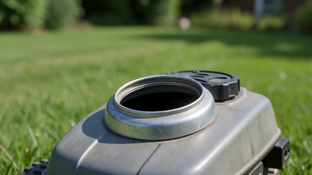 Close-up of a push mower fuel tank opening with the cap removed