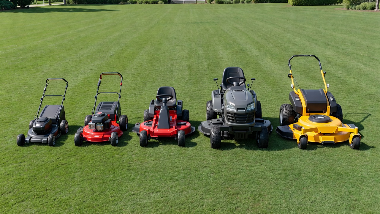 Five types of lawn mowers arranged from smallest push mower to large zero-turn mower on green grass