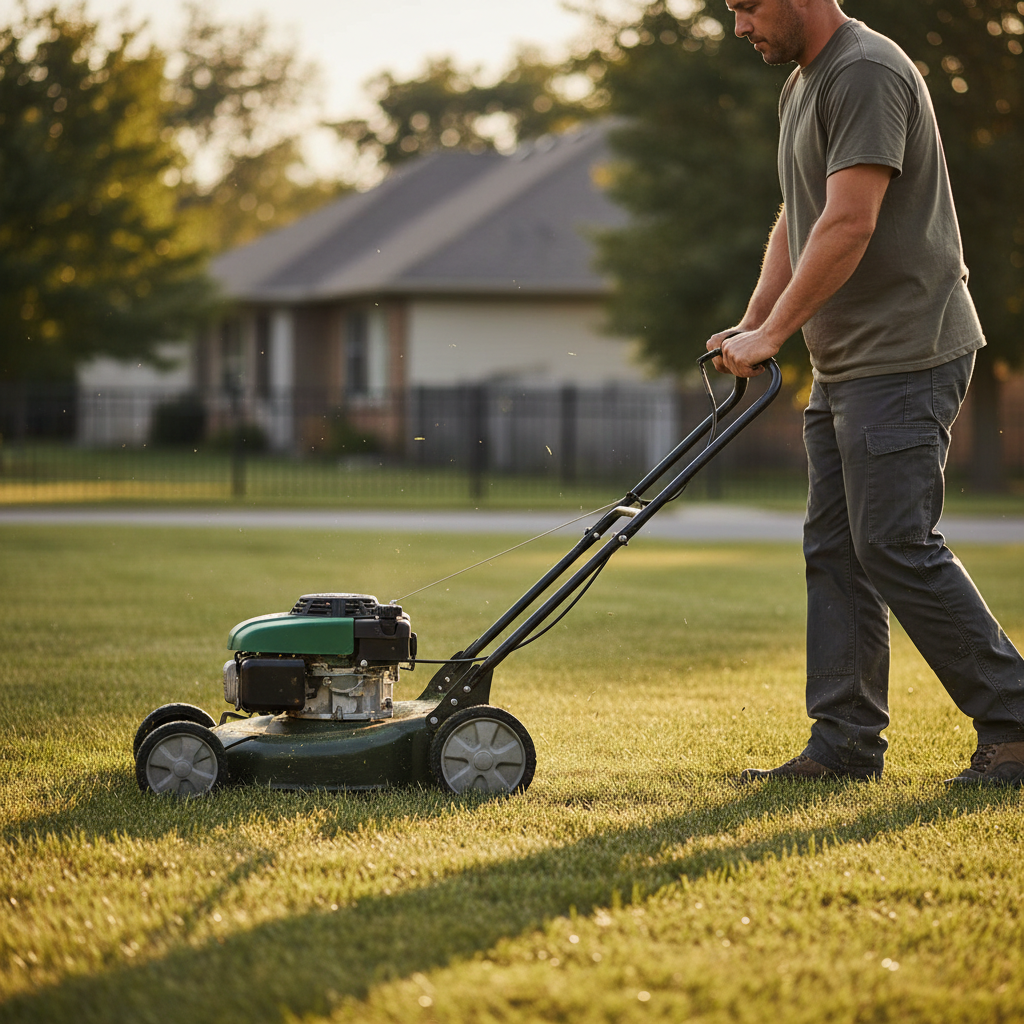 How Much Horsepower Does a Push Mower Have? A person walks a rotary mower across a residential lawn.