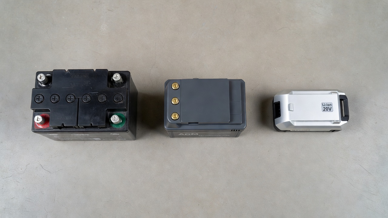 Three types of riding lawn mower batteries — flooded lead-acid, AGM, and lithium-ion — arranged side by side for comparison