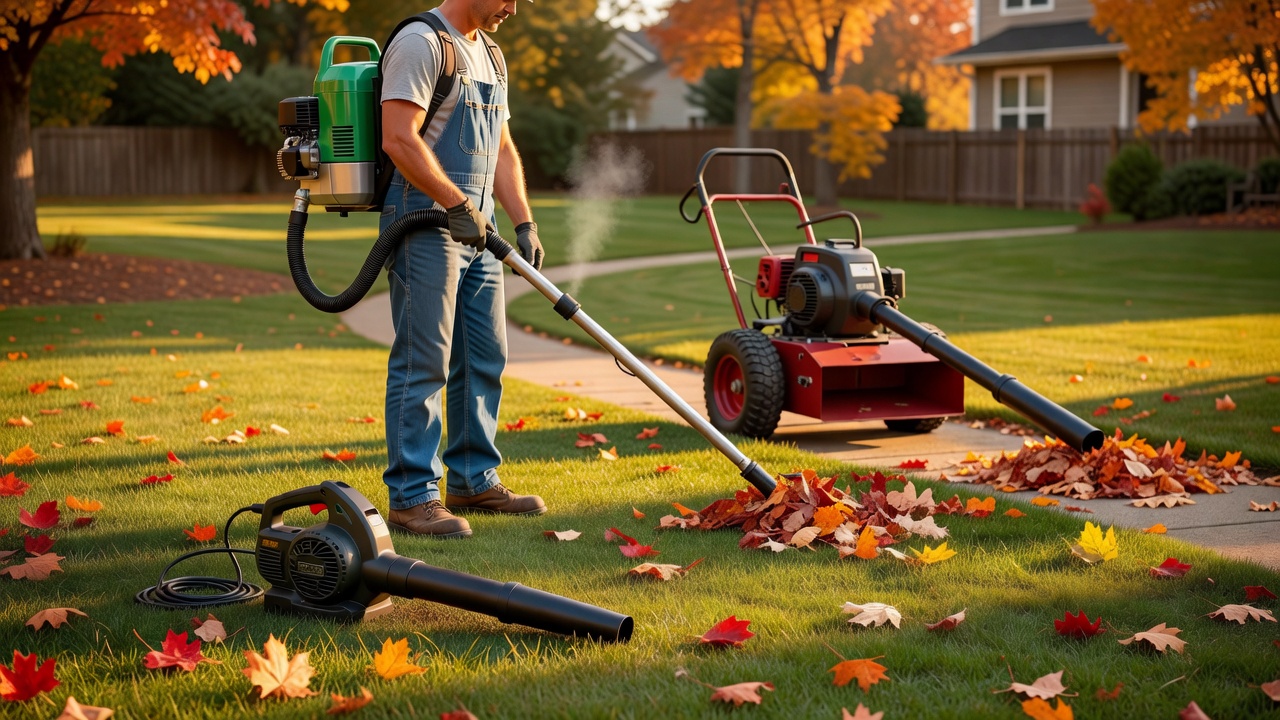 Handheld, backpack, and walk-behind leaf blowers shown in a backyard with autumn leaves