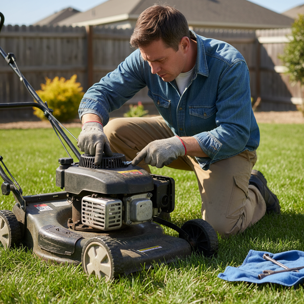 Person inspecting a lawn mower engine housing to identify the correct carburetor