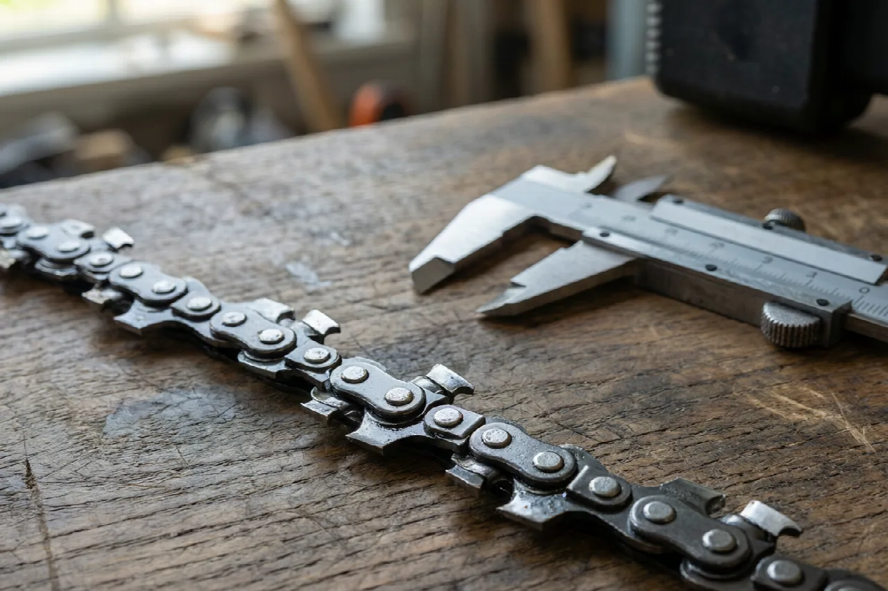 Close-up of a chainsaw chain drive links on a workbench