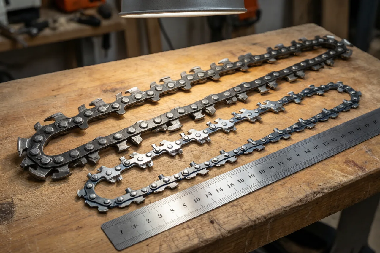 Chainsaw chain specifications including length, pitch, and gauge.