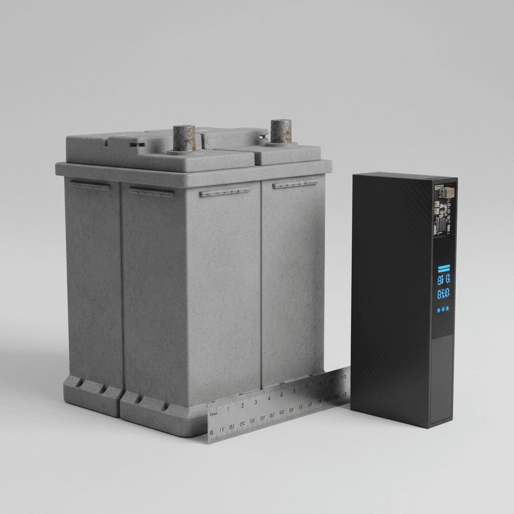 Lead-acid battery next to lithium-ion battery showing size and design differences