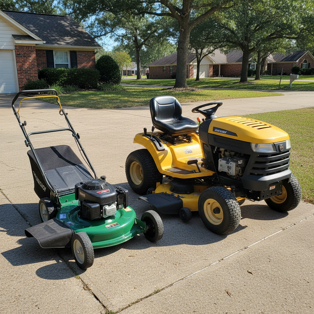 Walk-behind lawn mower parked next to a riding mower on a driveway