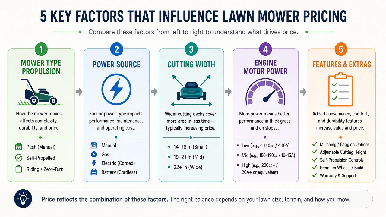 Five pricing factors for lawn mowers: type, power source, cutting width, engine power, and features.