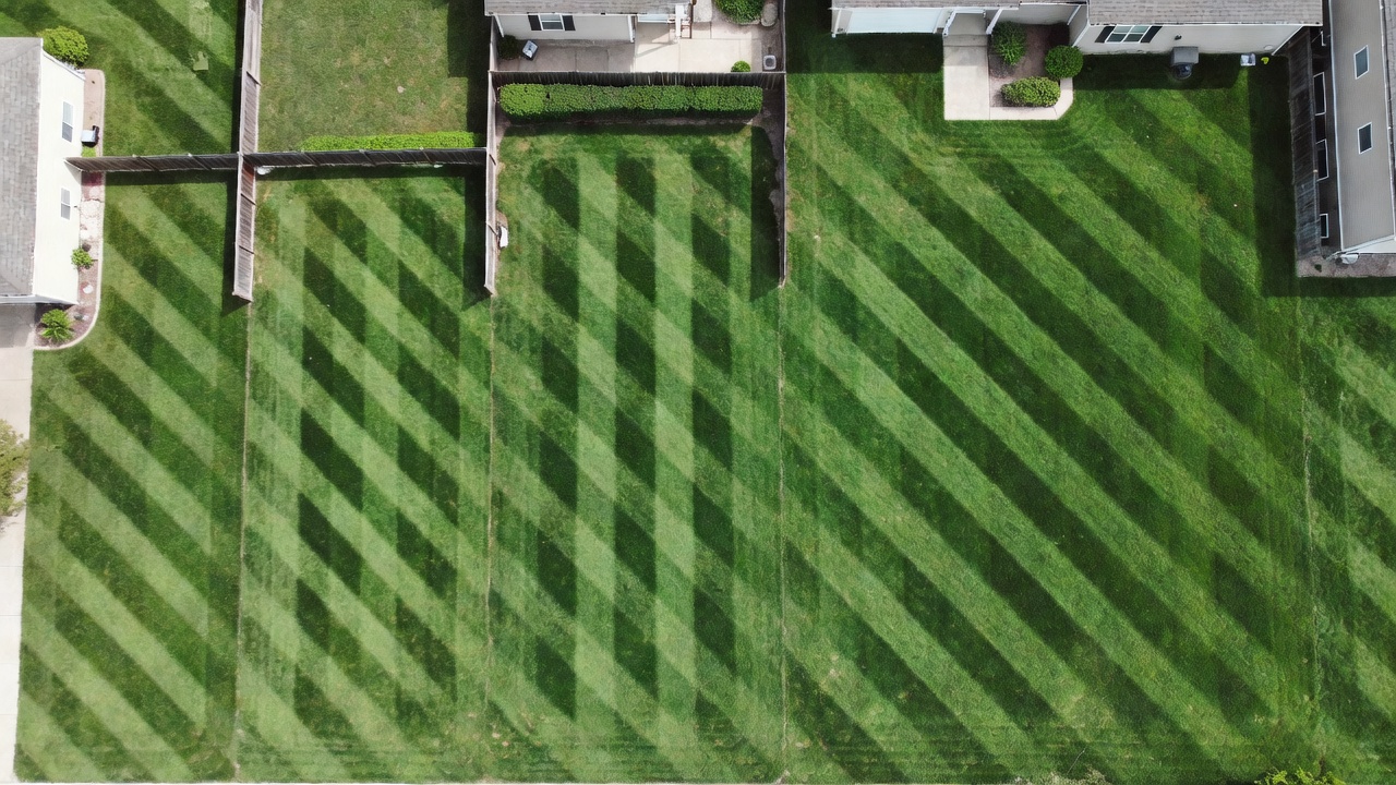 Aerial view of four suburban yards of different sizes with freshly mowed diagonal stripe patterns