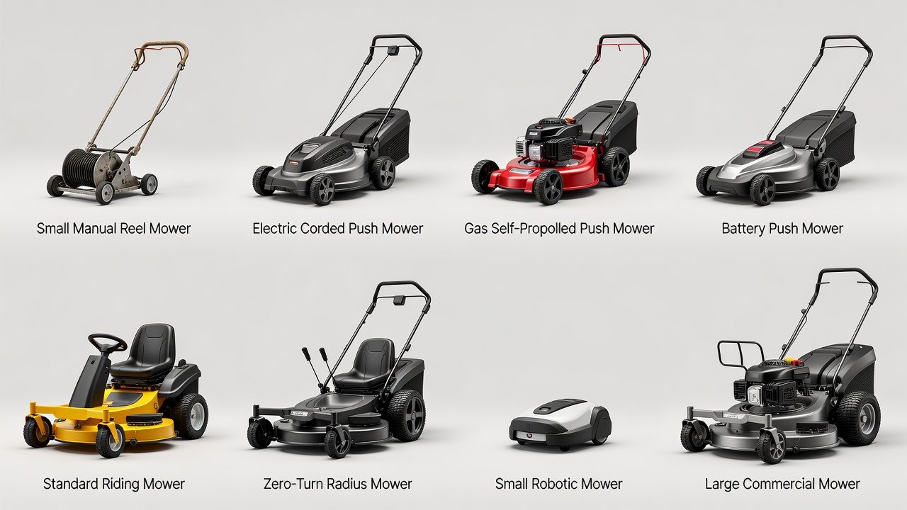 Eight lawnmower types displayed in ascending size and capability order
