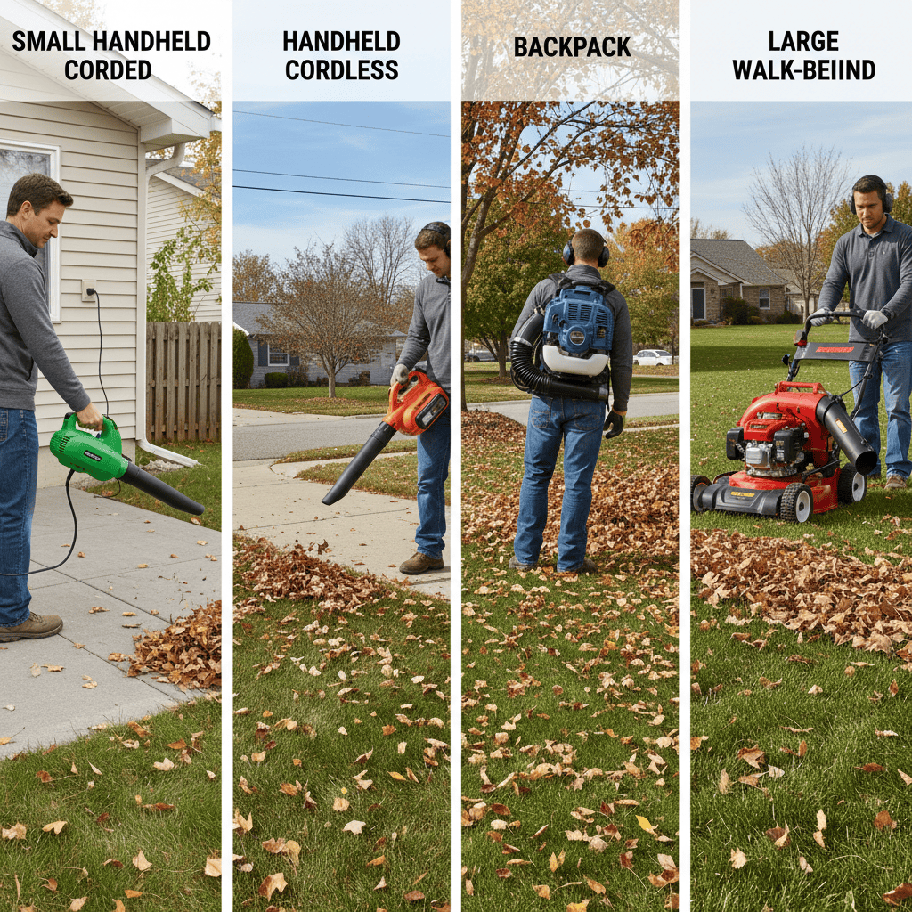 Four leaf blower types displayed in increasing size and power from handheld to walk-behind models