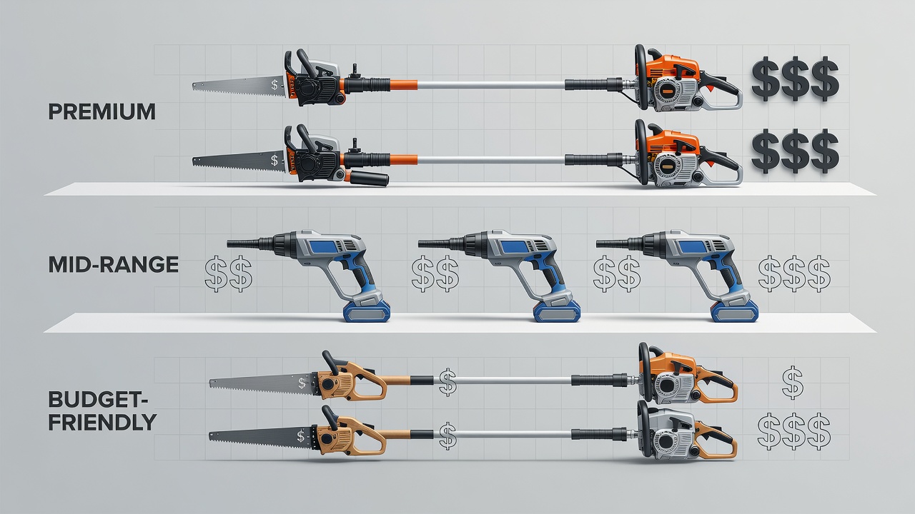 Price range comparison of three pole saw types from budget to premium