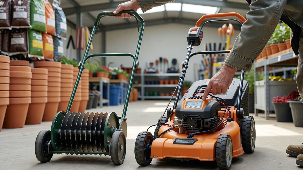 How Much Does a Push Lawn Mower Cost? (Price Guide by Type) A person looking at different styles of push lawn mowers in a retail setting to compare features.