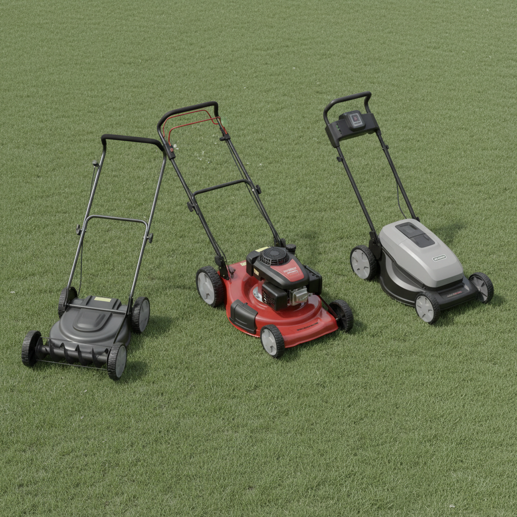 Understanding Push Mower Price Ranges Three unbranded push mowers positioned in a row from a basic reel model to a premium electric model
