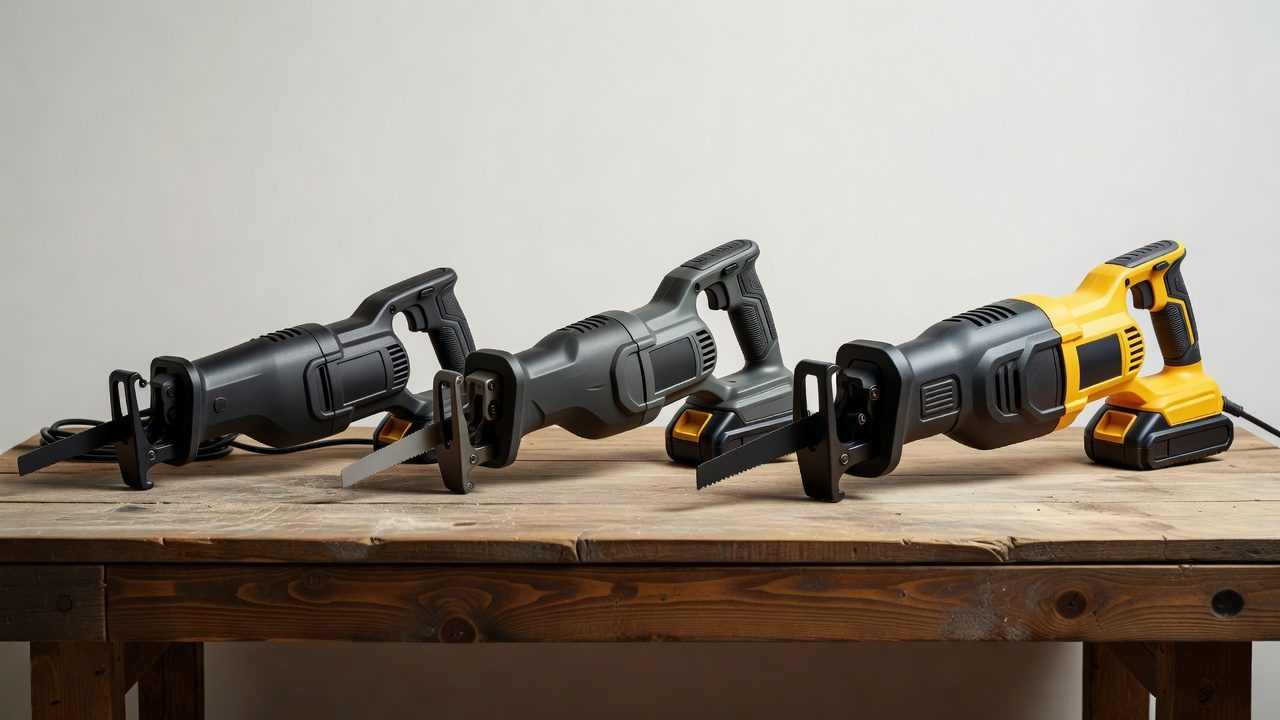 Three reciprocating saws of different sizes and styles lined up on a workbench.
