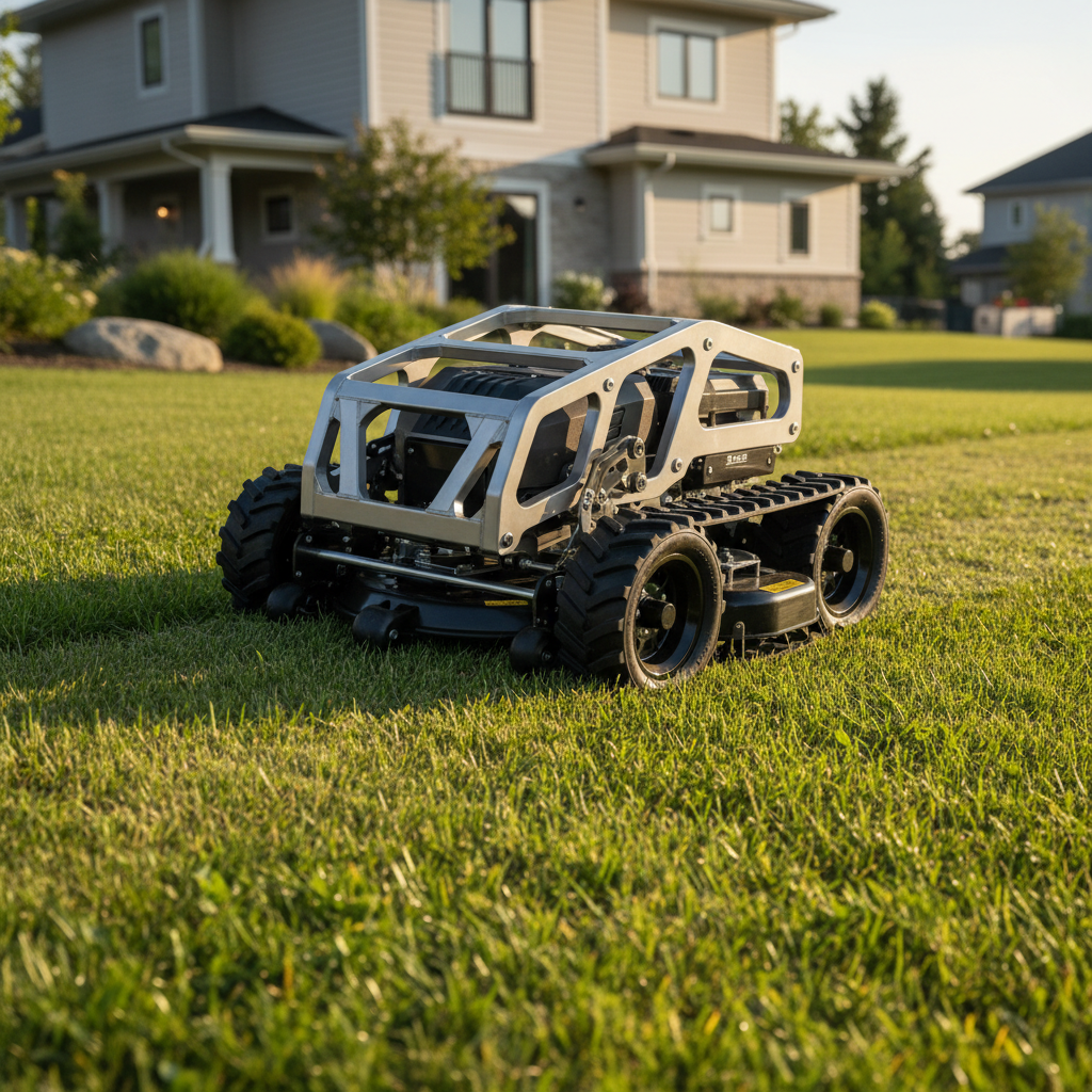 Compact remote-control lawn mower on a short steep residential bank