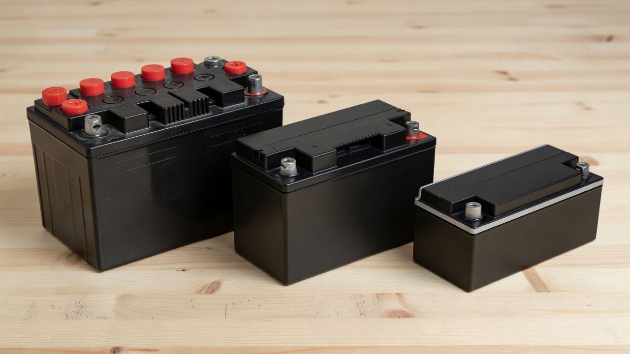 How Much Is a Riding Lawn Mower Battery? (Price Ranges & Cost Factors) Three types of riding lawn mower batteries — lead-acid, AGM, and lithium — side by side on a workbench