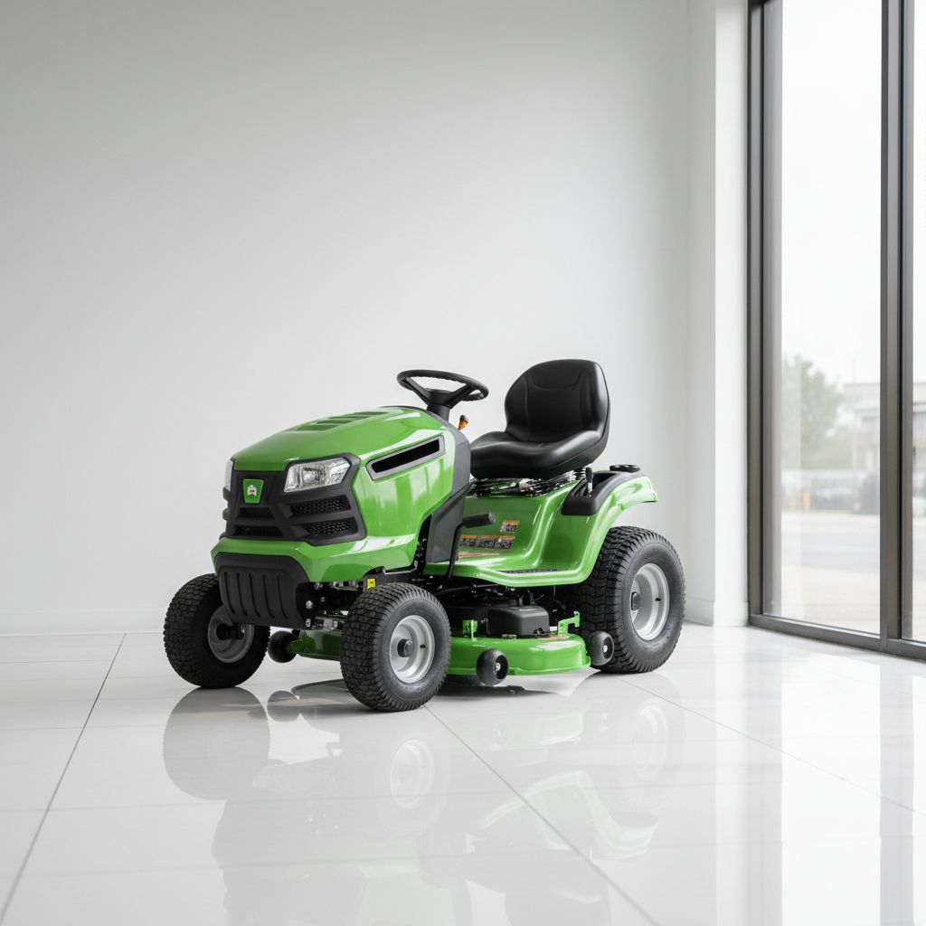 A new mid-range riding lawn mower displayed in a bright dealership showroom