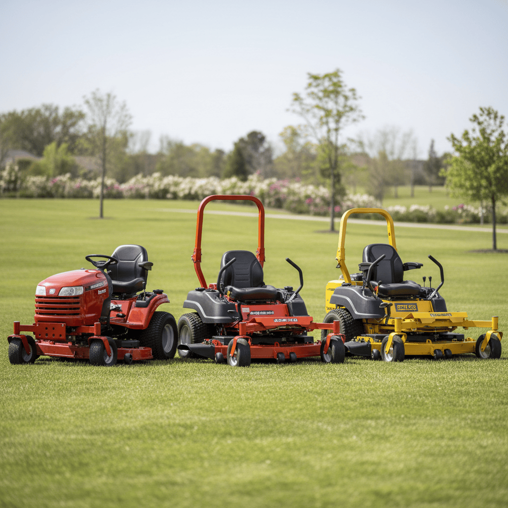 Three types of riding mowers: tractor-style, zero-turn, and commercial-grade