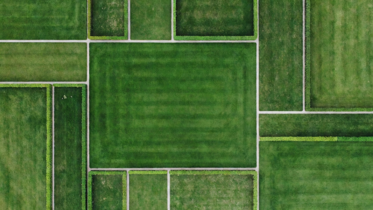An aerial view of a neatly landscaped residential lawn.