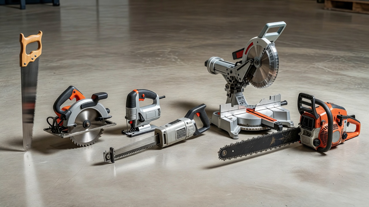 Side-by-side lineup of different saw types from hand saws to chainsaws showing size and form differences