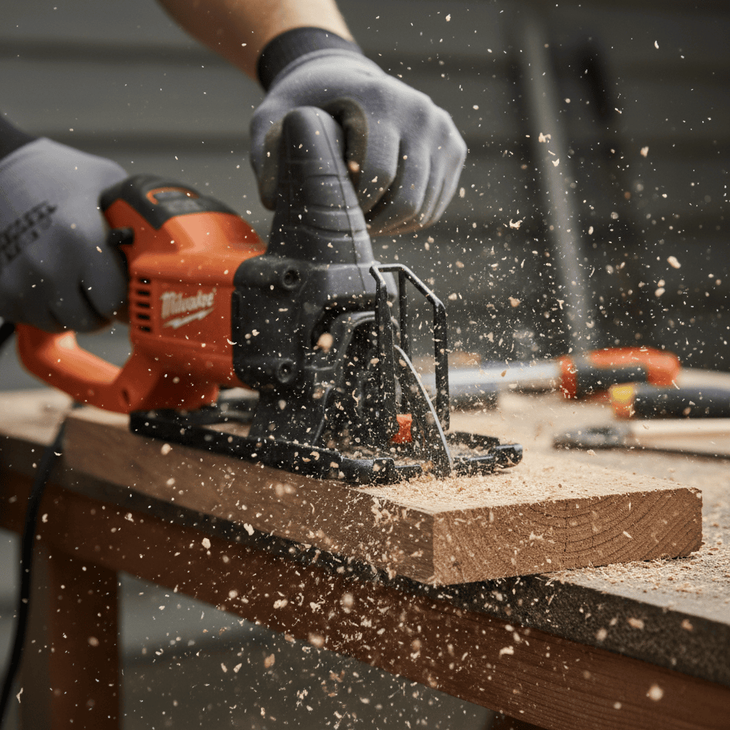 How Much Does a Sawzall Cost? (Price Guide by Type & Features) A reciprocating saw actively cutting through wood, showing its power and function.