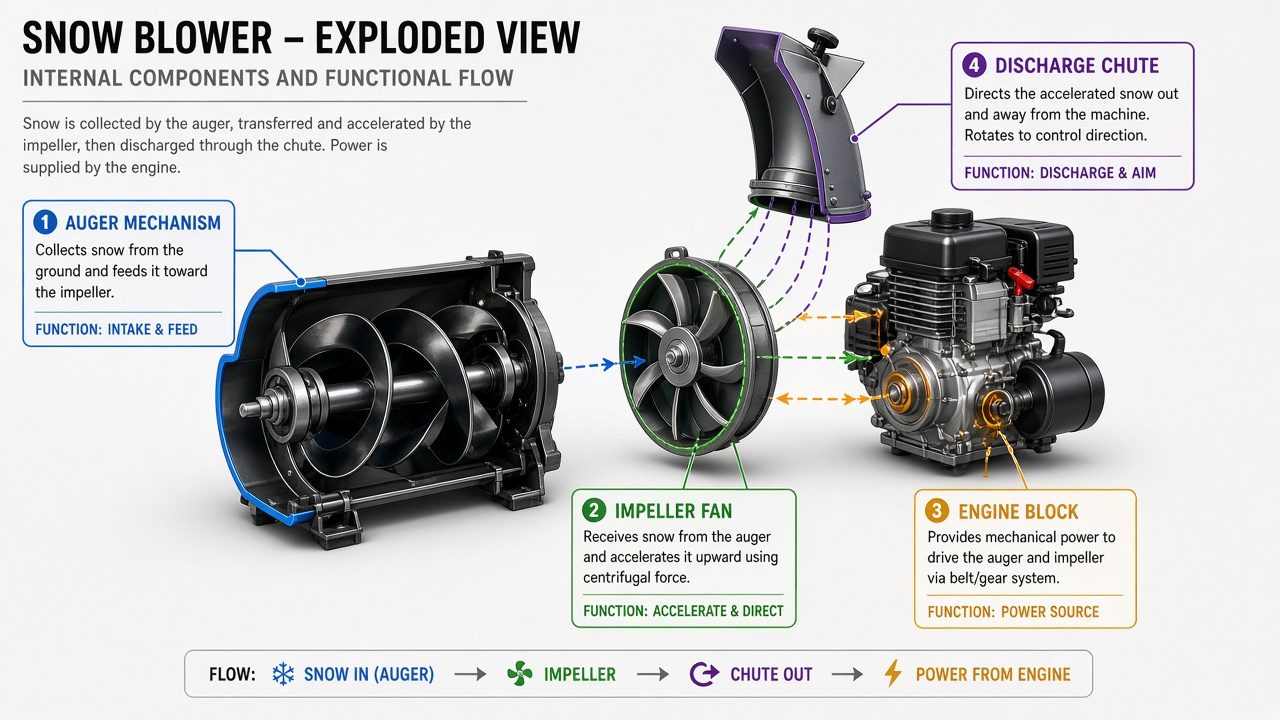 Internal components of a snow blower showing auger, impeller, engine, and chute