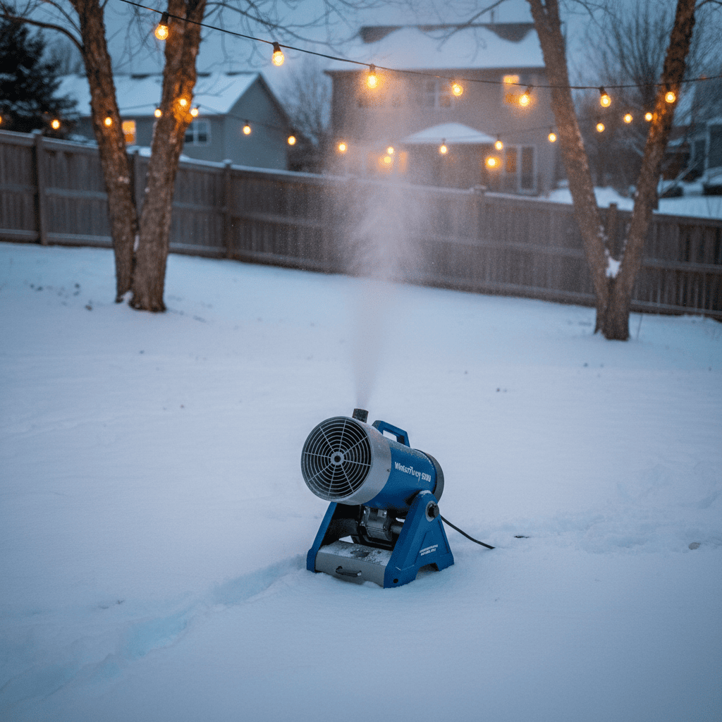 How Much Is a Snow Machine? (Price Guide by Type & Buyer's Checklist) Snow machine producing a spray of fine snow in a backyard at dusk