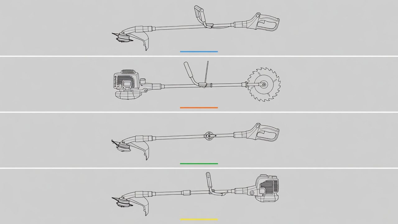 Illustration of four different types of yard trimming tools showing their distinctive designs and attachment heads