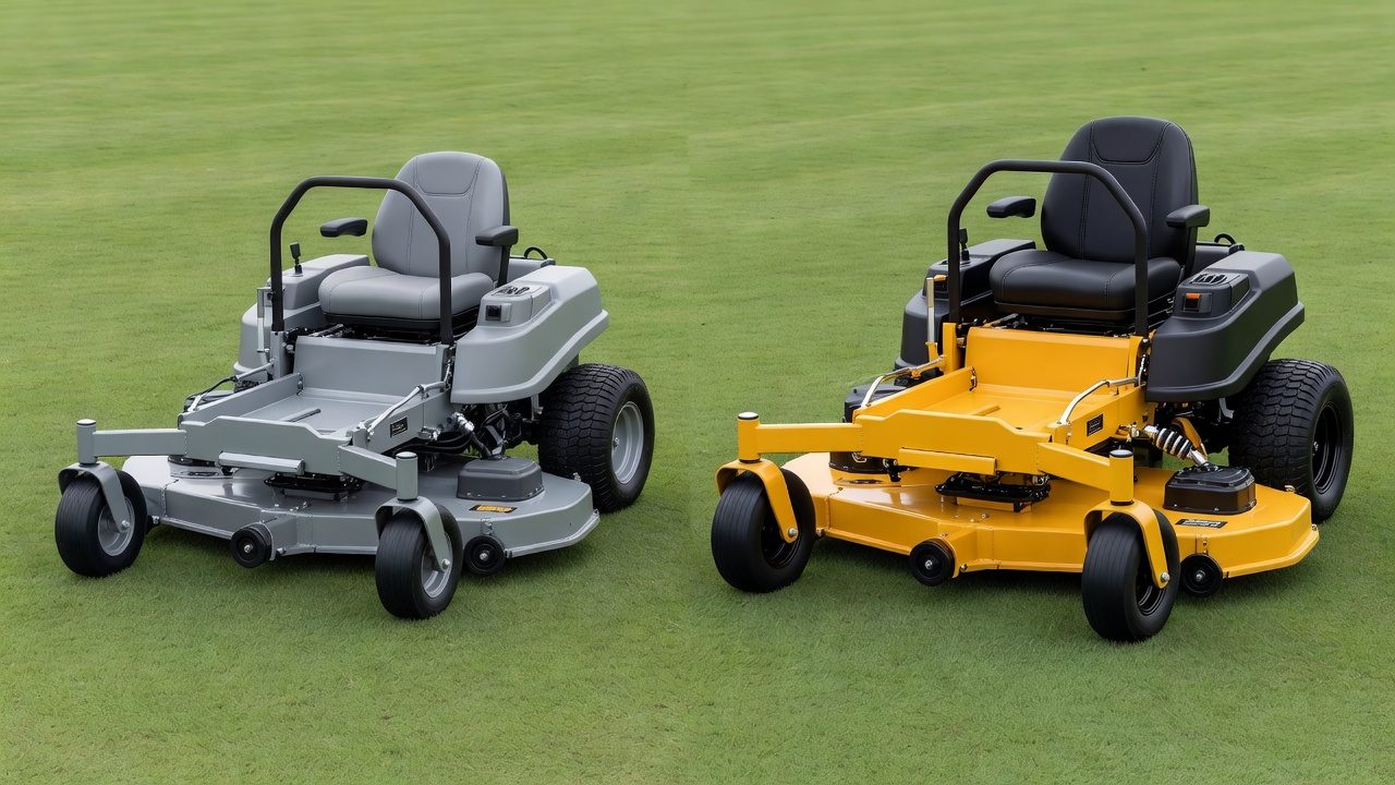 Entry-level and commercial zero turn mowers shown side-by-side for size and feature comparison