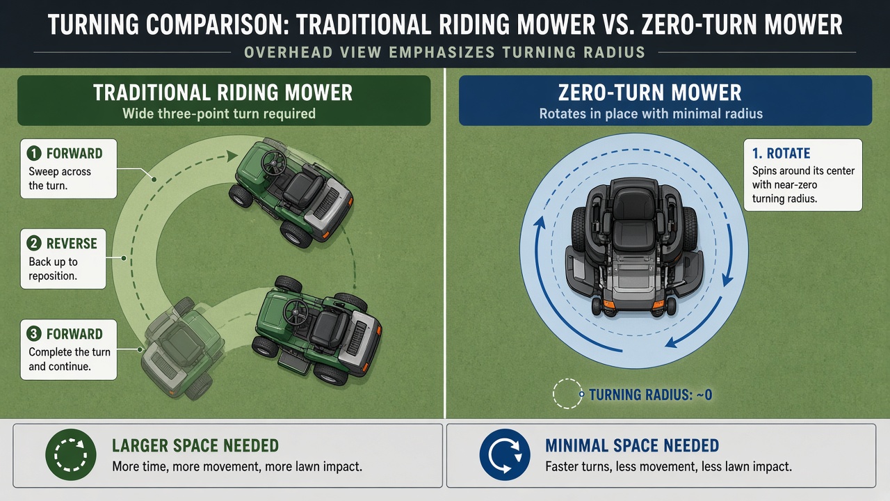Why Zero Turn Mowers Cost More Than Standard Riding Mowers Overhead comparison of traditional mower wide turn versus zero-turn mower tight rotation