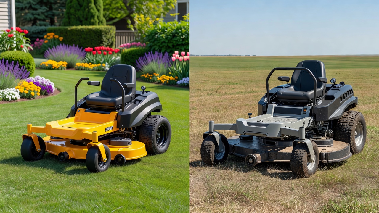 A comparison between a compact residential mower and a heavy-duty commercial mower.
