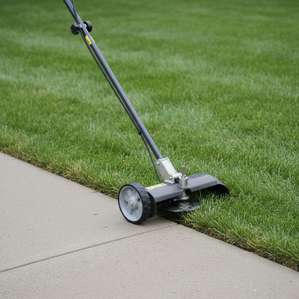 A stick lawn edger standing at the line between grass and a driveway.