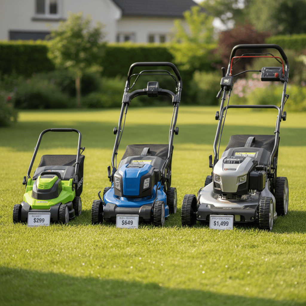 Three electric lawn mower models showing entry-level, mid-range, and professional tiers