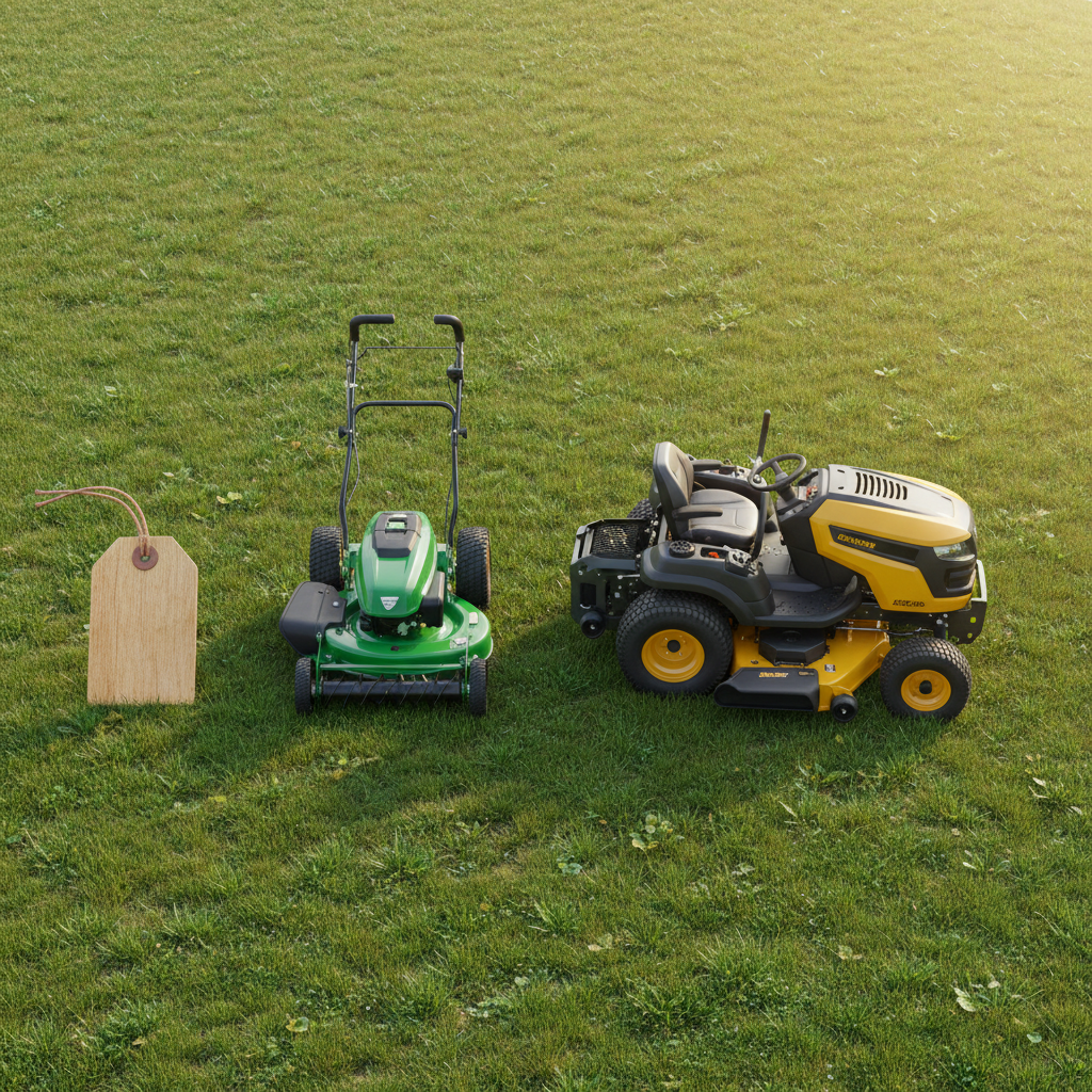 Simple manual mower on the left and premium zero-turn mower on the right on a lawn, suggesting a range of options