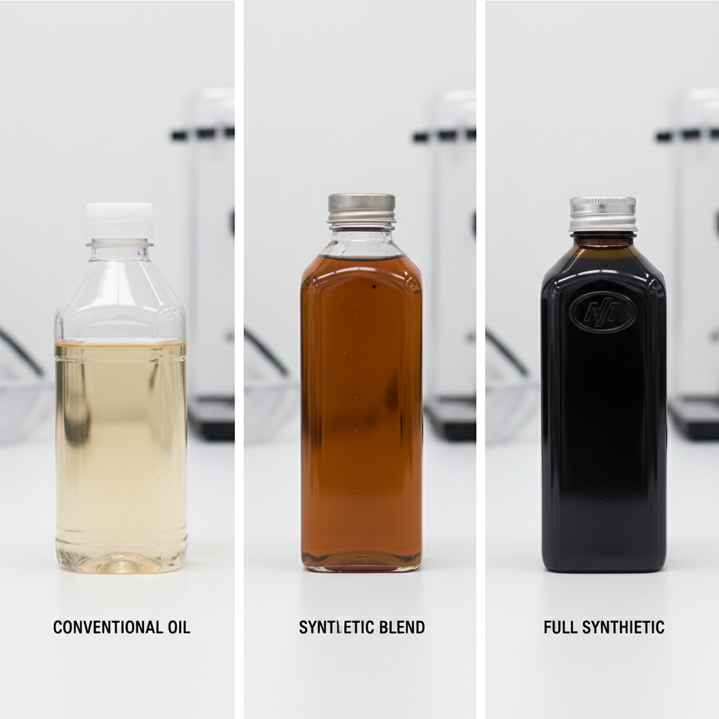 Three oil bottles representing conventional, blend, and synthetic types with visual quality indicators
