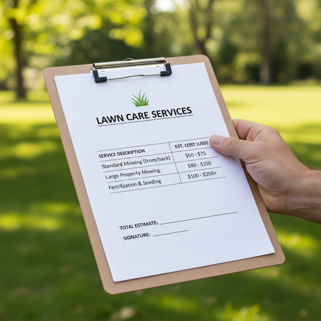 Hand holding a clipboard with a lawn mowing service price list, representing cost estimation.