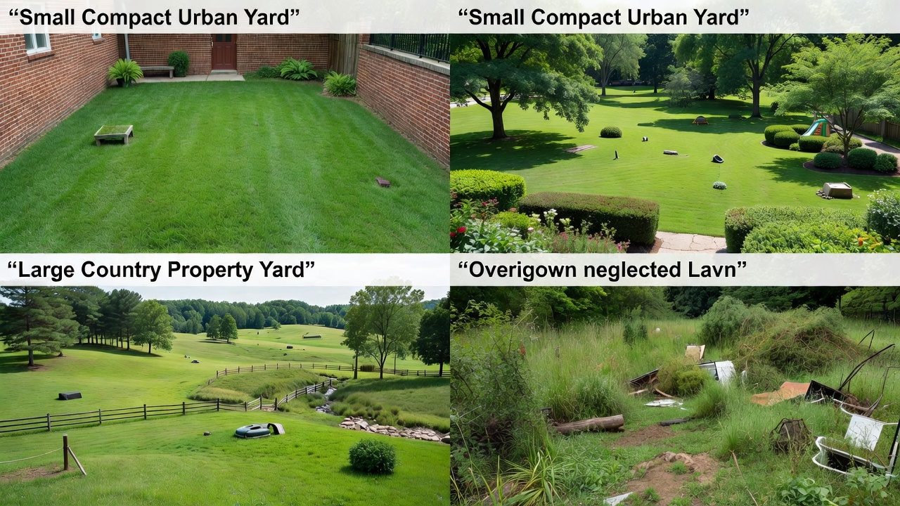 Four different lawn sizes and conditions illustrating cost factors